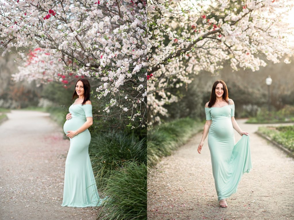 maternity model on the bloom background wearing mint dress