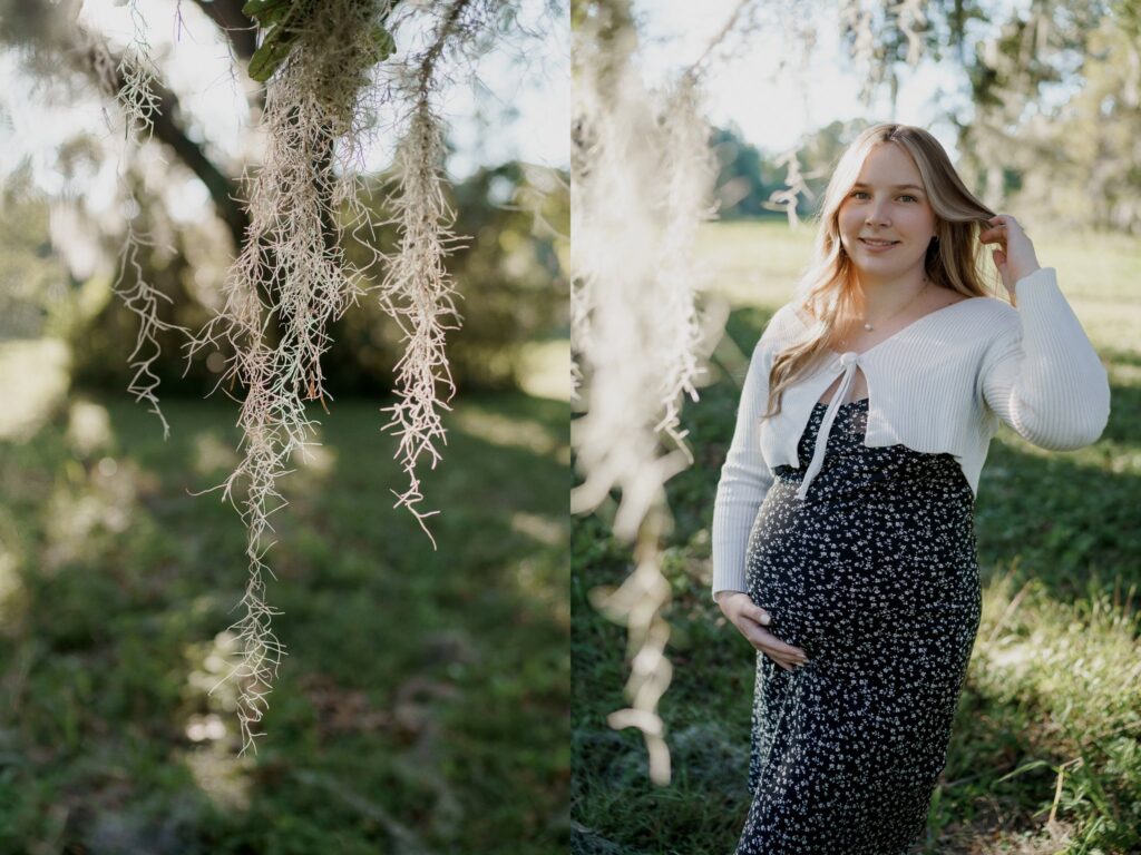 A split image shows a close-up of hanging Spanish moss on the left, with sunlight filtering through the background. On the right, during a maternity photoshoot in Charleston, SC, a pregnant woman with long blonde hair, wearing a black and white floral dress and white cardigan, stands in a grassy area, smiling.