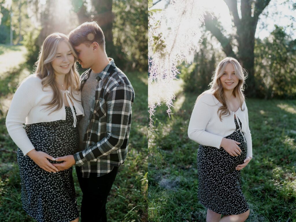 Two side-by-side photos from a maternity photoshoot in Charleston, SC, show a pregnant woman in a black floral dress and white cardigan. In the left photo, she stands with a man in a plaid shirt who embraces her from behind, touching her belly. In the right photo, she poses alone, smiling outdoors.