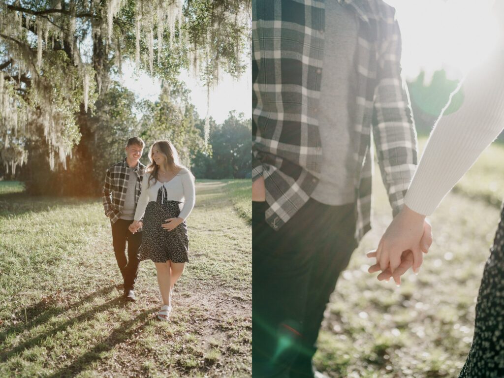 Two-panel image: Left panel shows a couple walking hand-in-hand through a sunlit park with mossy trees and greenery, capturing the serene essence of a maternity photoshoot in Charleston, SC. The woman wears a white top and patterned skirt; the man sports a plaid shirt and dark pants. Right panel is a close-up of their hands clasped together.