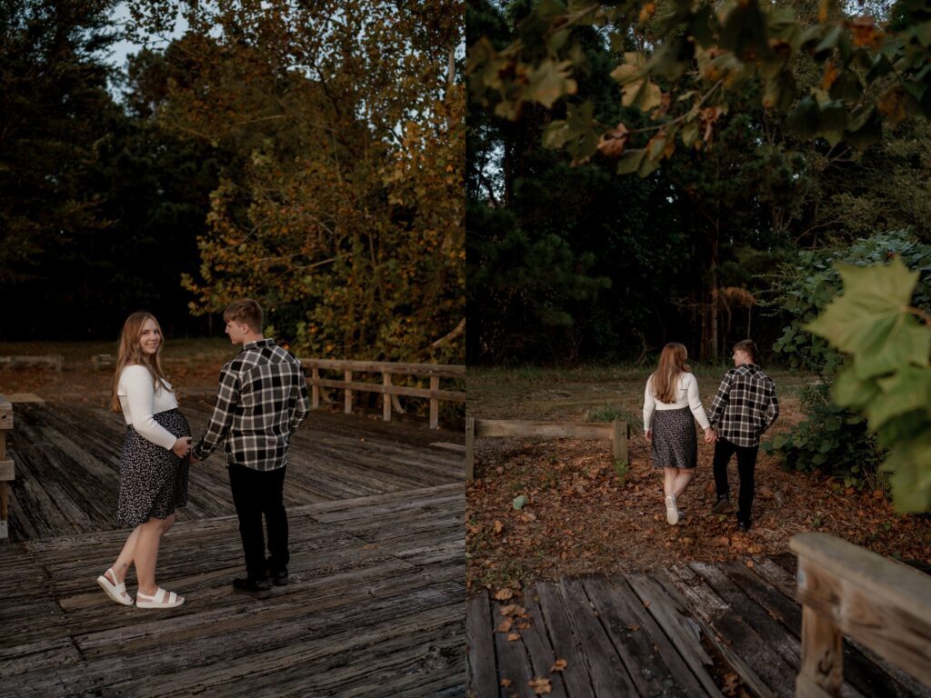 Two photos side by side: Left, a couple holds hands and smiles on a wooden walkway surrounded by trees. Right, the couple walks hand-in-hand along a wooden path into a forest, viewed from behind. The woman wears a white top and patterned skirt, the man a plaid shirt and jeans.