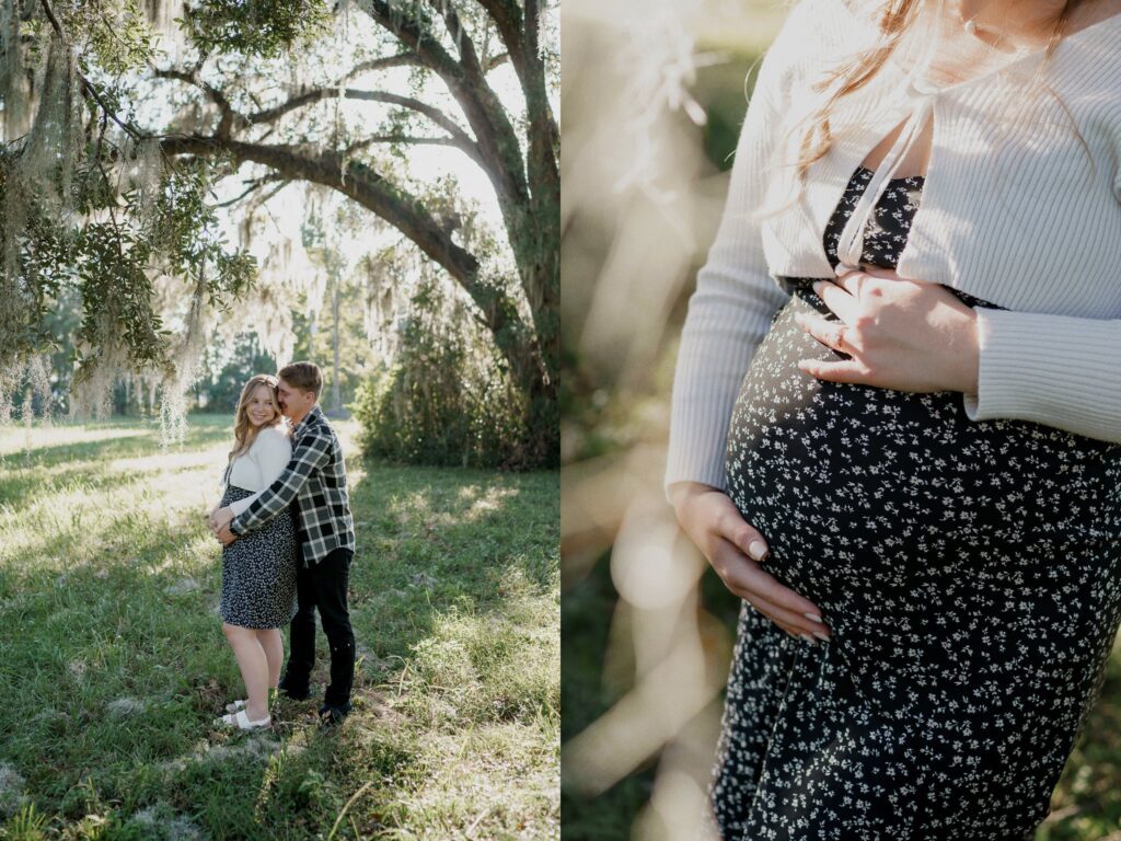 A composite image shows a couple in a grassy, sunlit area with moss-covered trees. On the left, they embrace happily as he lovingly rests his forehead against the woman, in a plaid shirt and dark pants. On the right, there's a close-up of her holding her baby bump during their maternity photoshoot in Charleston, SC.