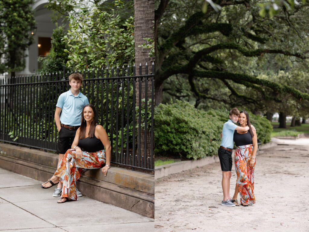 Two images feature a woman and a teenager. In the first image, they are posed near a black metal fence, with the woman seated and the teenager standing behind her. In the second, they are embracing in front of a lush green backdrop. The woman wears a black top and patterned pants, while the teenager is dressed in a light blue shirt and black shorts.