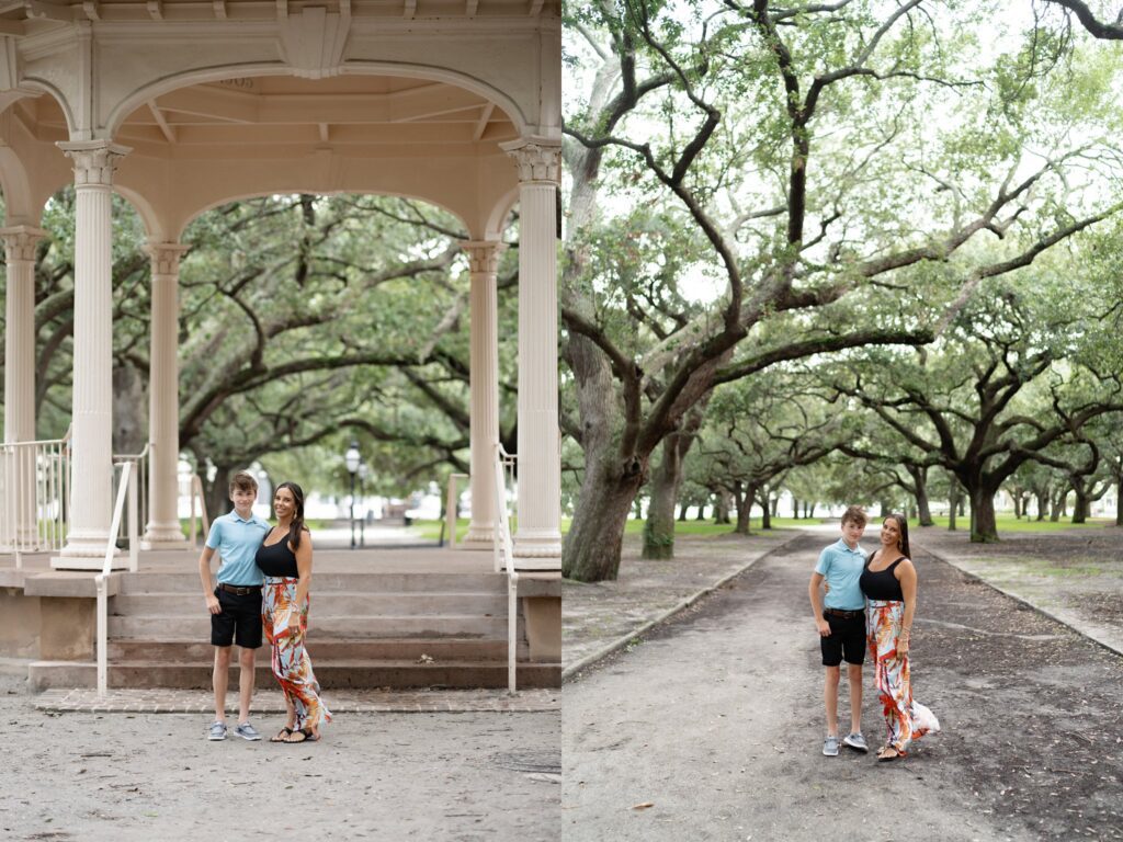 Two young adults pose together under a park pavilion in the left image and among large, sprawling trees in the right image. The person on the left is wearing a blue shirt and black shorts, while the person on the right wears a black top and colorful skirt.