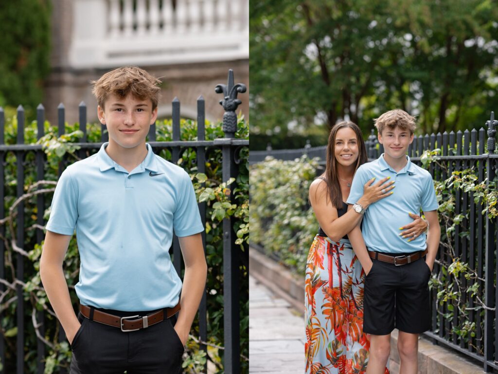 Left: A teenage boy with short brown hair wearing a light blue polo shirt and black shorts stands in front of an ornate black fence with green foliage. Right: During their Downtown Charleston family photoshoot, the boy and a woman with long brown hair in a colorful dress stand together, smiling.