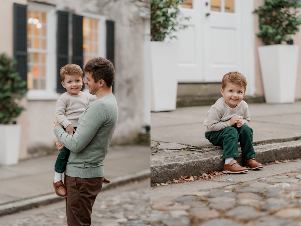 Left side: An adult holding a smiling child wearing a gray sweater, green pants, and brown shoes, standing outside a building with large windows. Right side: The same child sits on stone steps with hands clasped, smiling at the camera during one of our Charleston mini sessions, in front of a door with potted plants.