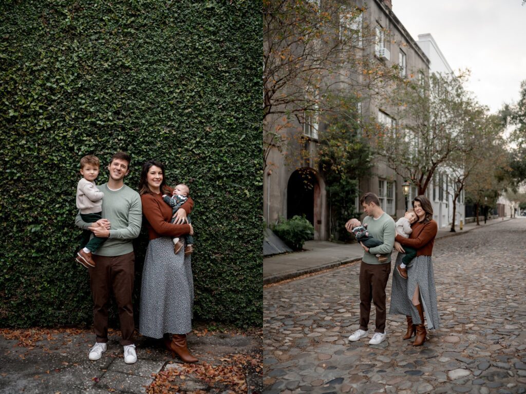 On the left, a family stands in front of a green wall. The mother holds a baby, the father holds a toddler. On the right, the family is on a cobblestone street with trees and buildings; the parents look down at their baby. The mother wears a brown top and patterned skirt. The father and toddler are in green tops.