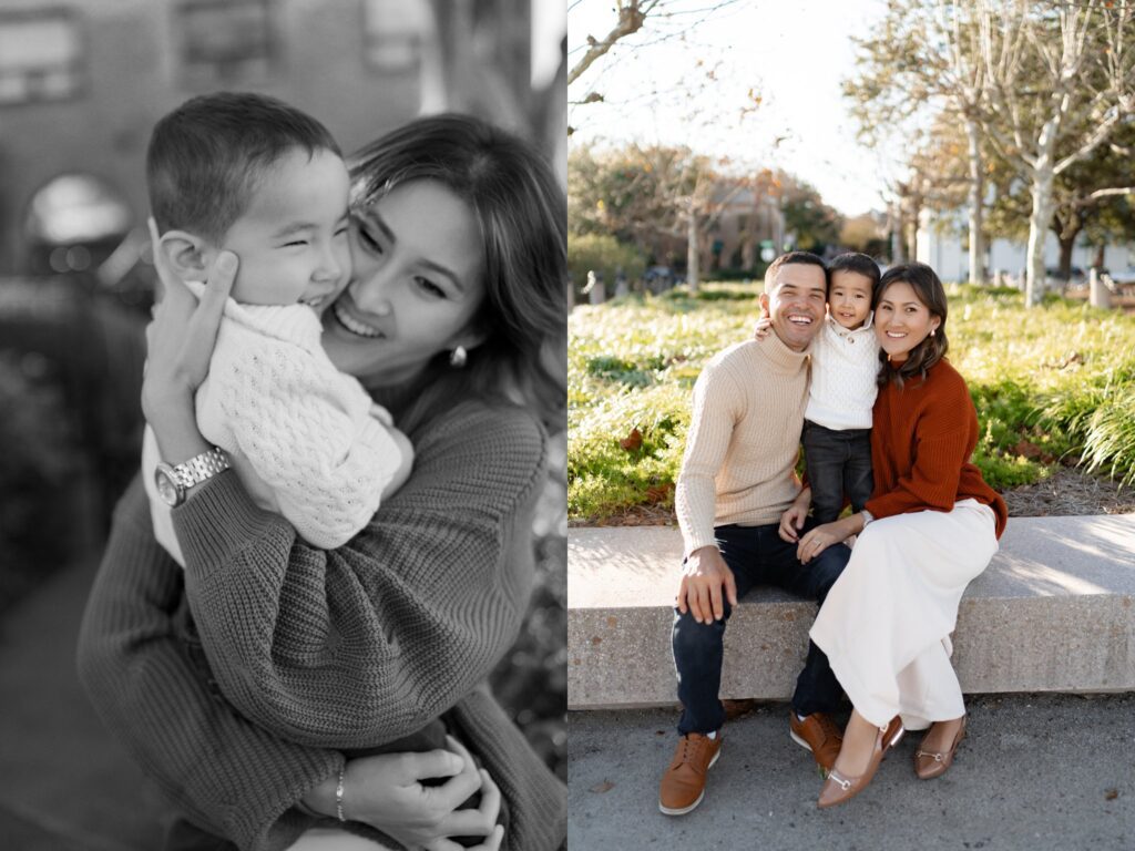 Left: A woman hugs and smiles at a young boy, both wearing sweaters. Right: A man, woman, and young boy sit together on a stone bench outdoors, smiling at the camera with greenery in the background.