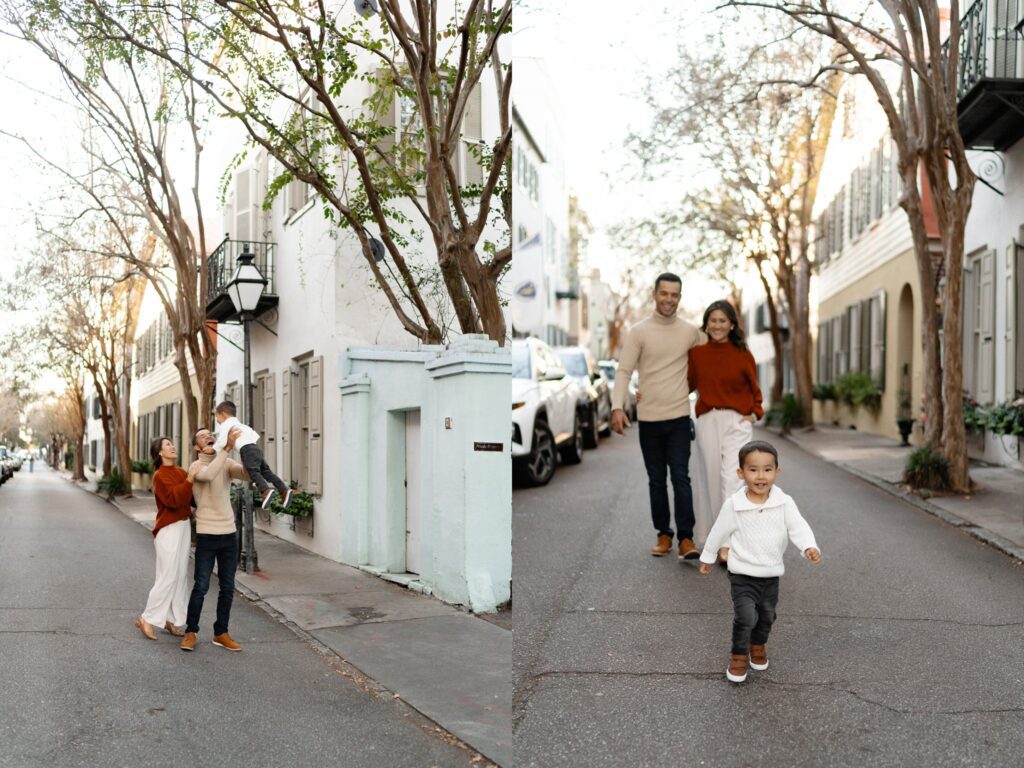 Two photos show a family of three walking outdoors on a tree-lined street. In the first, the father lifts the child while the mother smiles beside them. In the second, the child runs ahead, followed by the smiling parents.