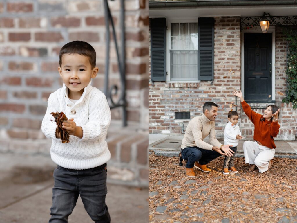 Split image: On the left, a young boy in a white sweater smiles while holding autumn leaves. On the right, the boy is with two adults outside a brick house; one adult tosses leaves in the air as they all smile.