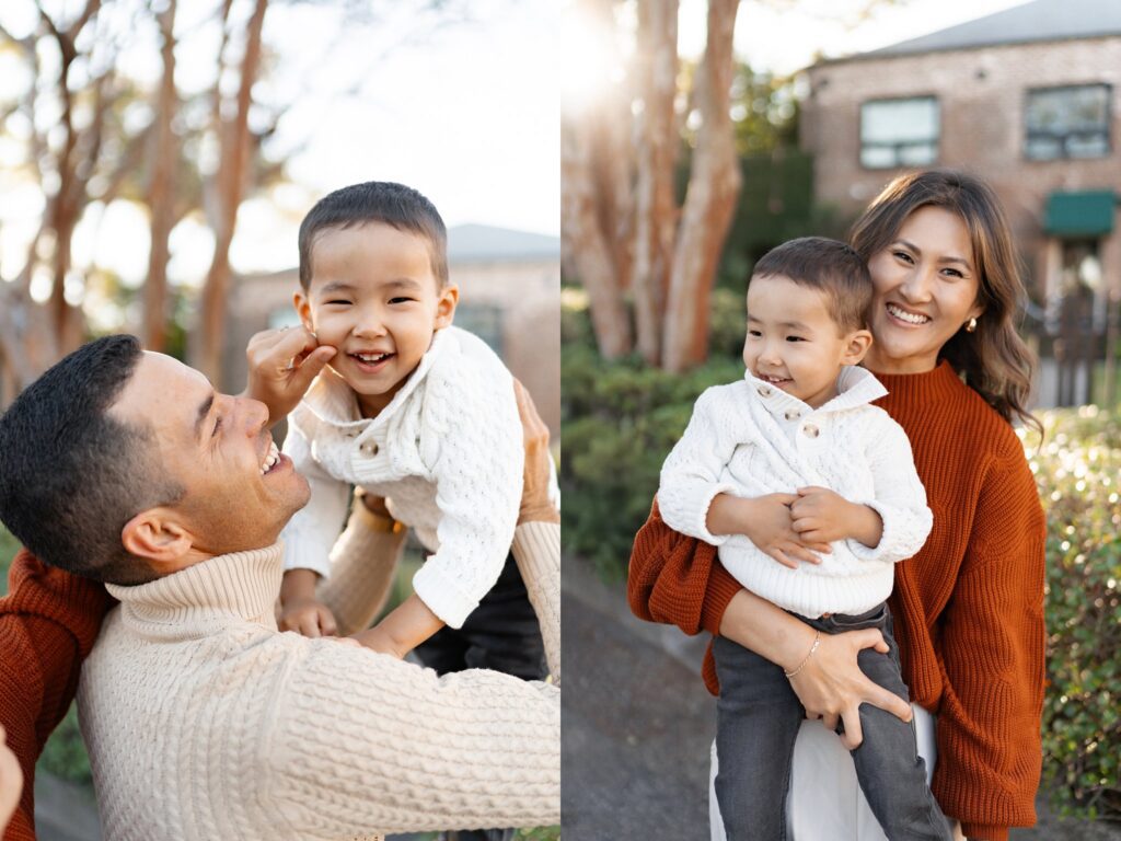 A young boy shares joyful moments with his parents during a family photo session in Charleston SC. In one image, he giggles while being lifted by his father; in the other, his mother holds him close while smiling in the golden light. Captured by photographer Charleston SC, these portraits highlight playful connection and natural emotion in a relaxed outdoor setting.