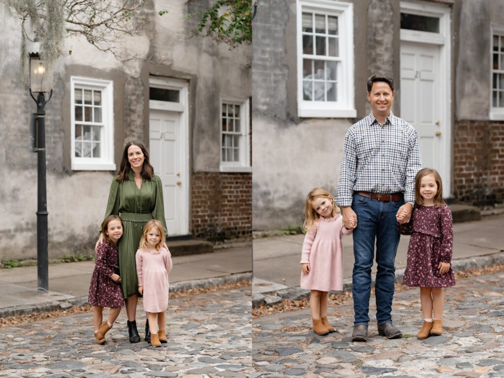 A family photo split in two: On the left, a woman in a green dress stands on a cobblestone street with two young girls, one in a pink dress and one in a maroon dress. On the right, a man stands with the same girls.