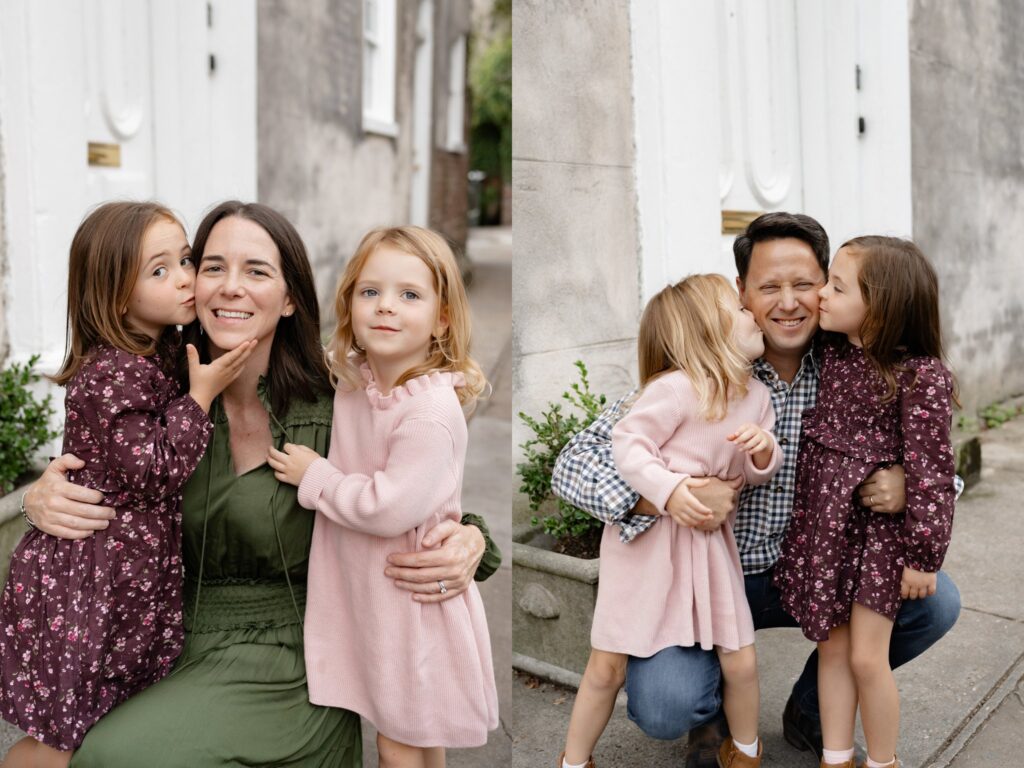 Two side-by-side photos from mini sessions Charleston SC: On the left, a woman kneels with two young girls, one kissing her cheek; on the right, a man crouches as the same girls kiss his cheeks—all smiling outdoors by a white door and greenery.