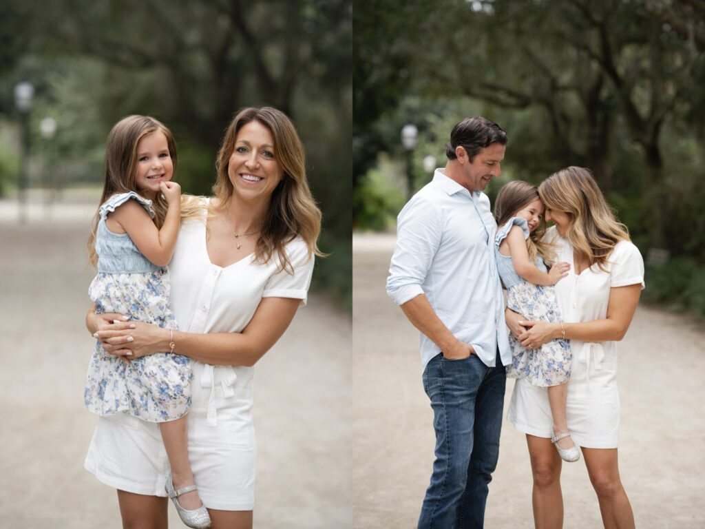 A woman in a white dress holds a young girl in a floral dress, both smiling outdoors. In another photo by a family photographer in Charleston SC, a man in a blue shirt joins them on a tree-lined path, standing close together.