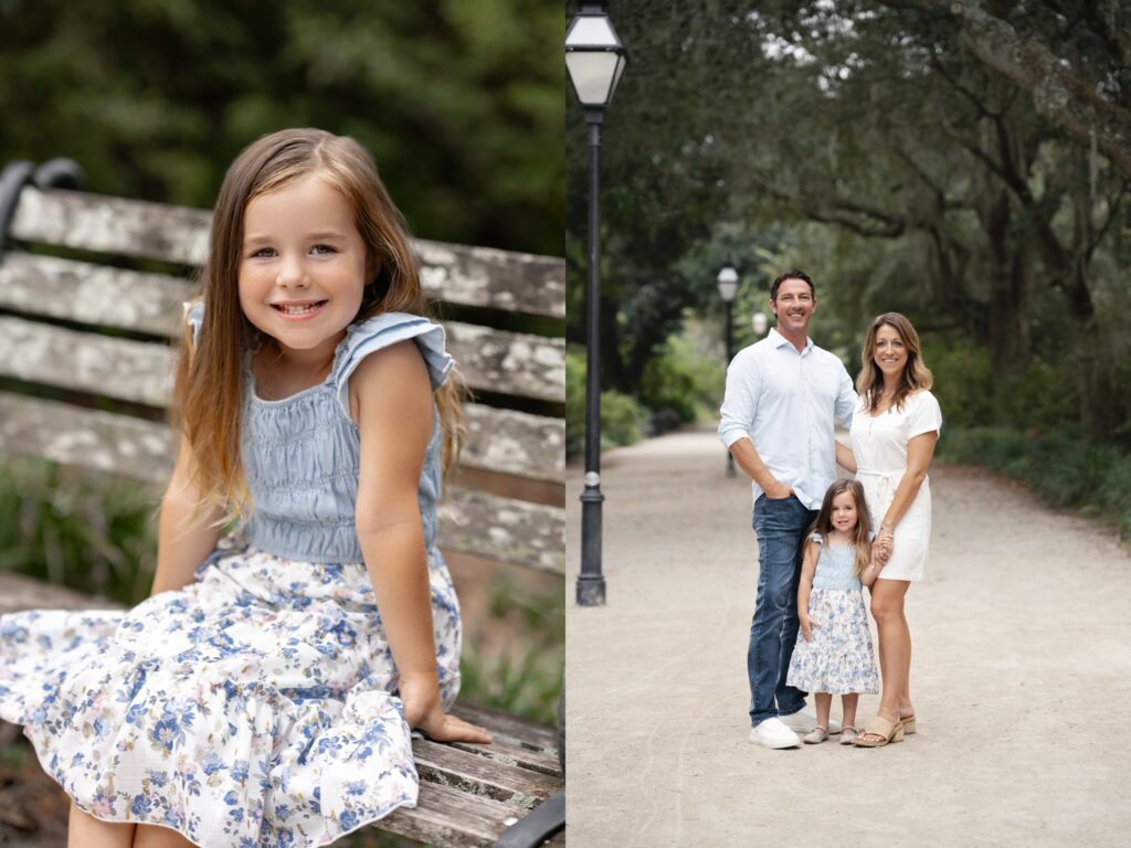 A young girl in a blue floral dress sits smiling on a bench; next to her, she stands on a park path with a man and woman, all smiling, surrounded by trees and greenery—captured by a family photographer in Charleston SC.