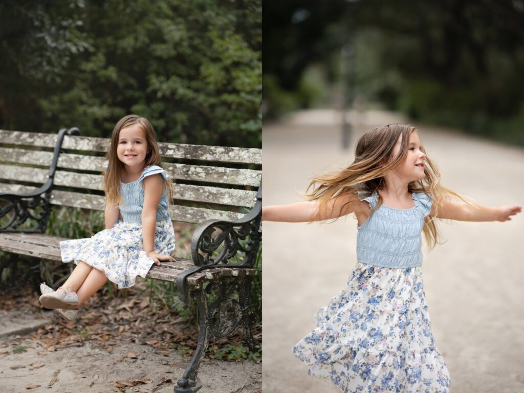 A young girl in a blue and white floral dress is shown in two scenes: sitting and smiling on a weathered park bench, and spinning joyfully outdoors on a sandy path, surrounded by greenery.