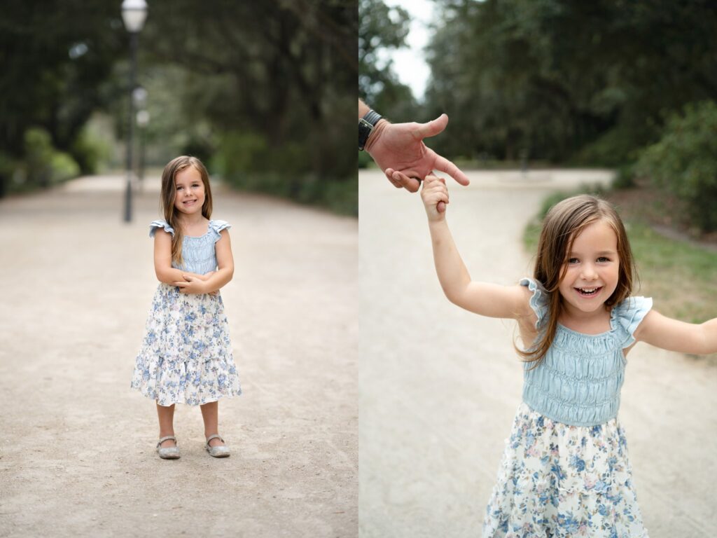 A young girl in a blue and white floral dress smiles outdoors; in one photo she stands alone, and in the other, she holds an adult’s hand while laughing.