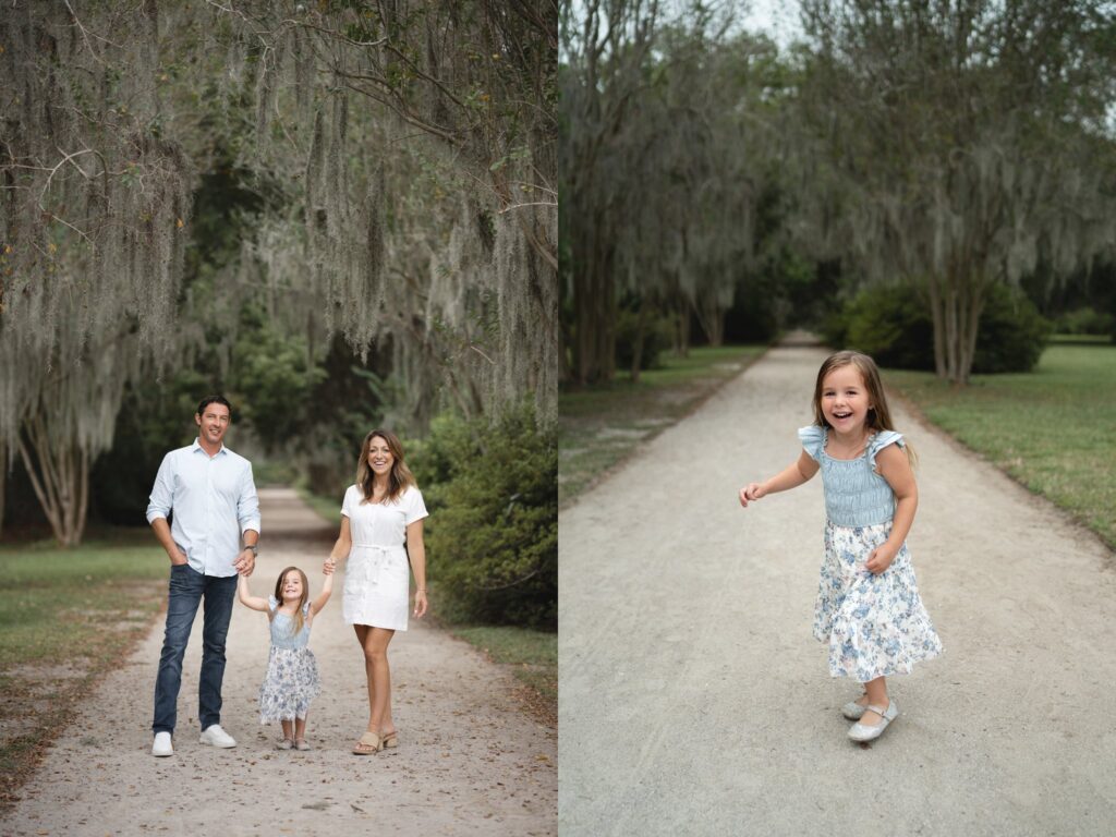 A family of three walks hand-in-hand on a tree-lined path, with the left side showing all together and the right side showing a young girl smiling and running on the same path surrounded by greenery.