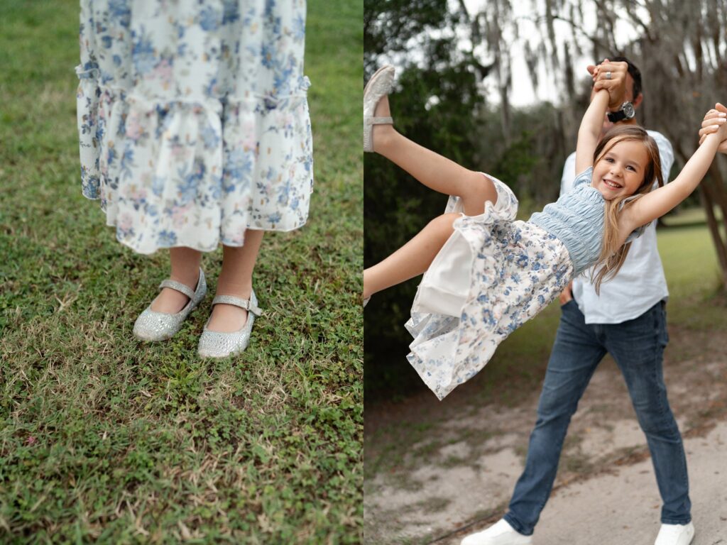 Left: Close-up of a child’s feet in sparkly shoes and a blue floral dress on grass. Right: Smiling girl in a blue floral dress is swung around by an adult holding her hands outdoors.