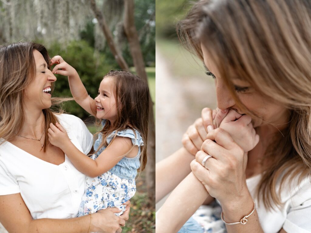 A woman holds a young girl outdoors; both smile as the girl touches her hair. In a close-up, the woman kisses the girl’s hand affectionately—capturing joyful, playful moments in nature with a family photographer in Charleston SC.