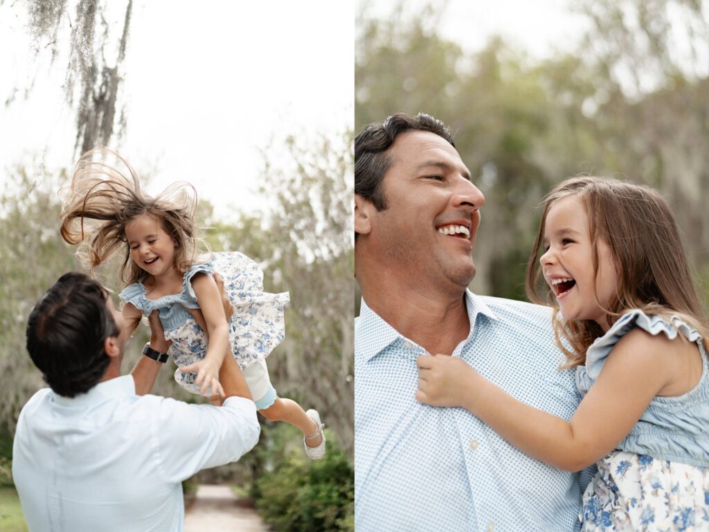 A man lifts a laughing young girl in the air outdoors in one photo; in the adjacent image, they smile and embrace, both looking happy in a natural, green setting, beautifully captured by a family photographer in Charleston SC.