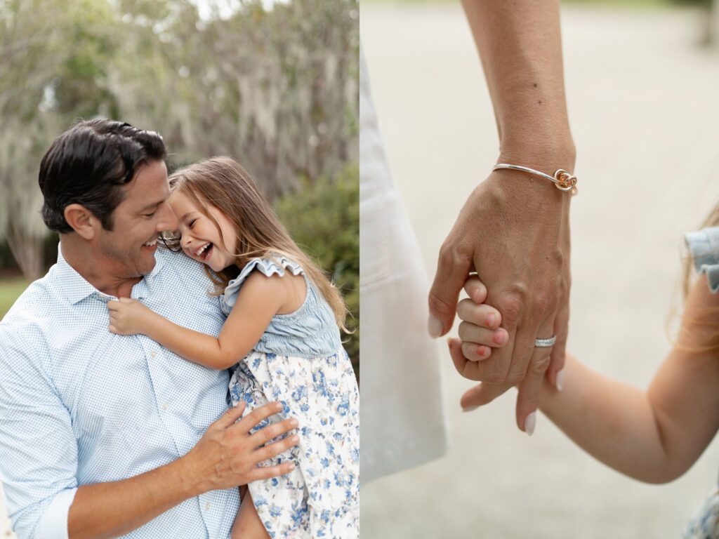 On the left, a smiling man hugs a laughing young girl in a blue floral dress outdoors. On the right, a close-up of an adult and child holding hands, showing a bracelet and wedding ring on the adult's hand.