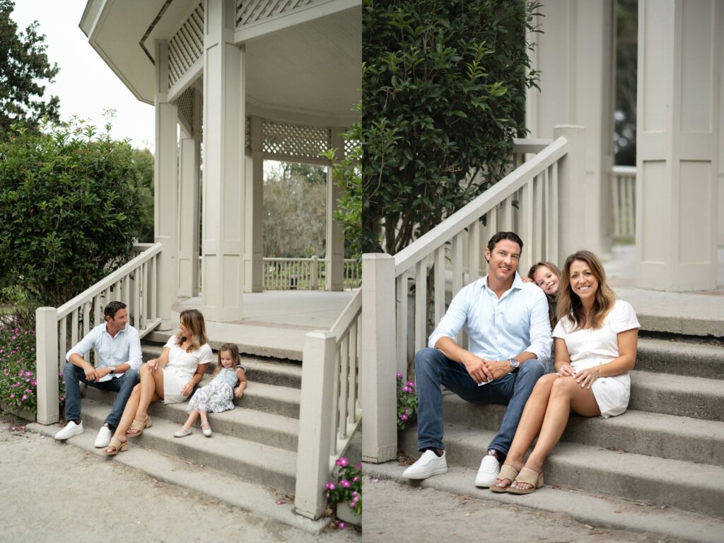 A family photographer in Charleston SC captures a family of three on gazebo steps; in the left image, parents and daughter sit apart, while in the right, they sit closer and smile together, surrounded by greenery and flowers.