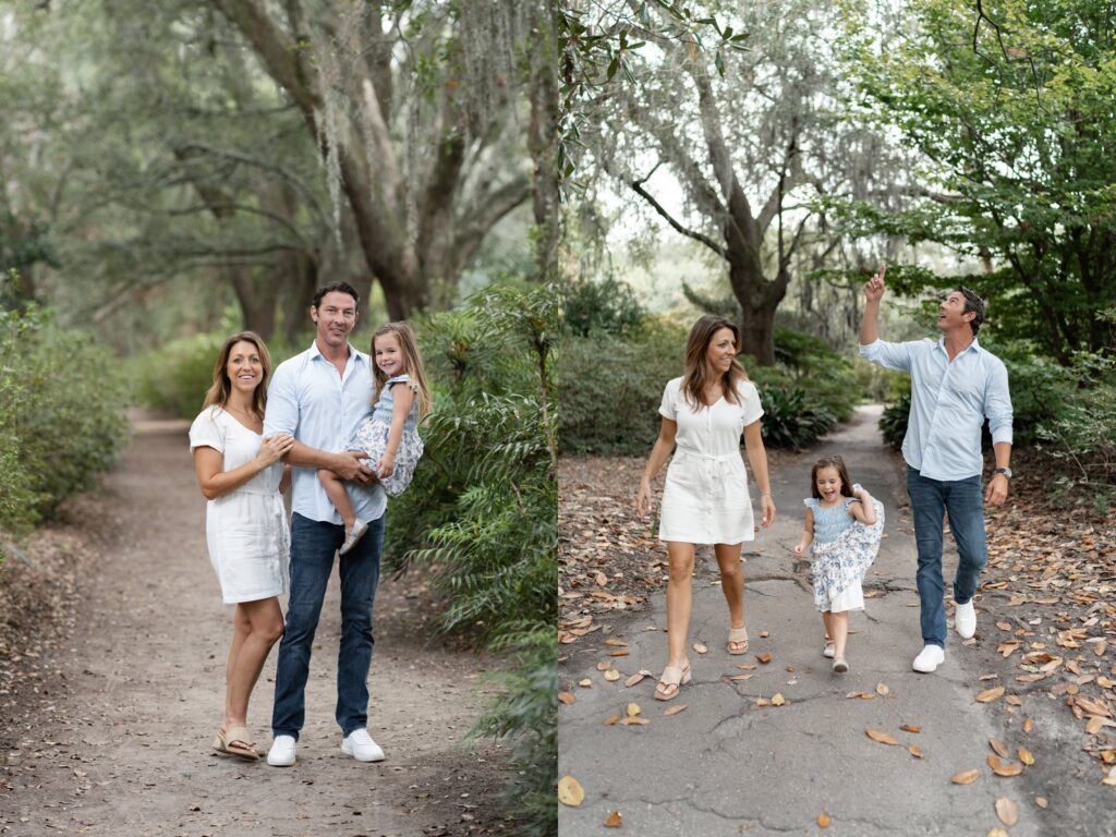 Two photos of a family of three outdoors: on the left, they pose together on a tree-lined path; on the right, they walk together, the father pointing at something above as the mother and young daughter smile.
