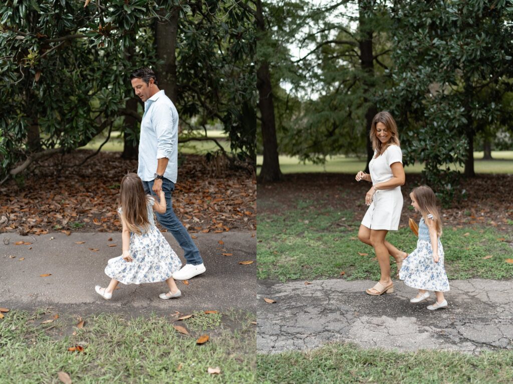 Split image: On the left, a man and a young girl in a floral dress walk on a path under trees. On the right, a woman and the same girl walk on a similar path, both smiling.
