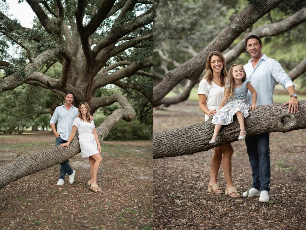 Two photos side by side show a couple standing together under a large tree on the left, and on the right, the same couple with a young girl sitting on a low, thick branch of the tree.